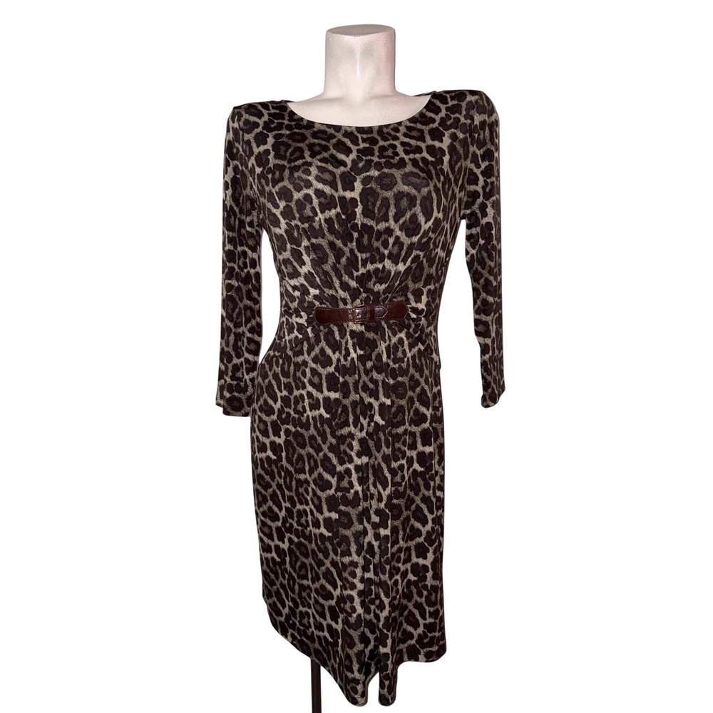Michael Kors Leopard Print Belted Sheath Dress Brown Black Medium M Long Sleeve